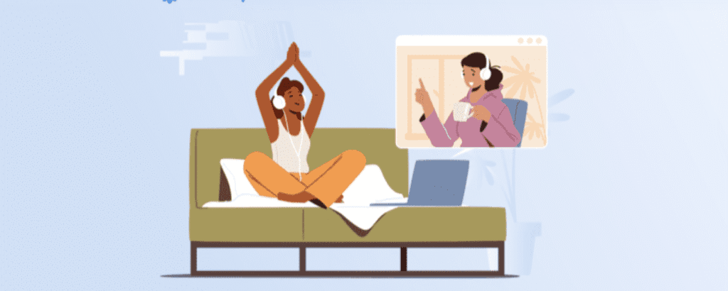 Illustration of a person practicing mindfulness at home while talking to a therapist online during a mindfulnessbased cognitive therapy session.