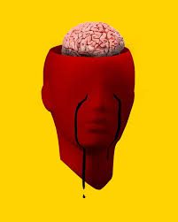 Illustration of a red human head with an exposed brain and dark tear-like streaks, symbolizing emotional overwhelm and reactivity