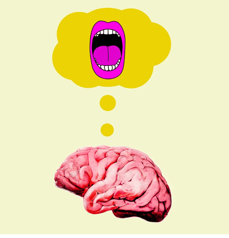 Illustration of a brain beneath a thought bubble with an open mouth, representing how to change negative self-beliefs.